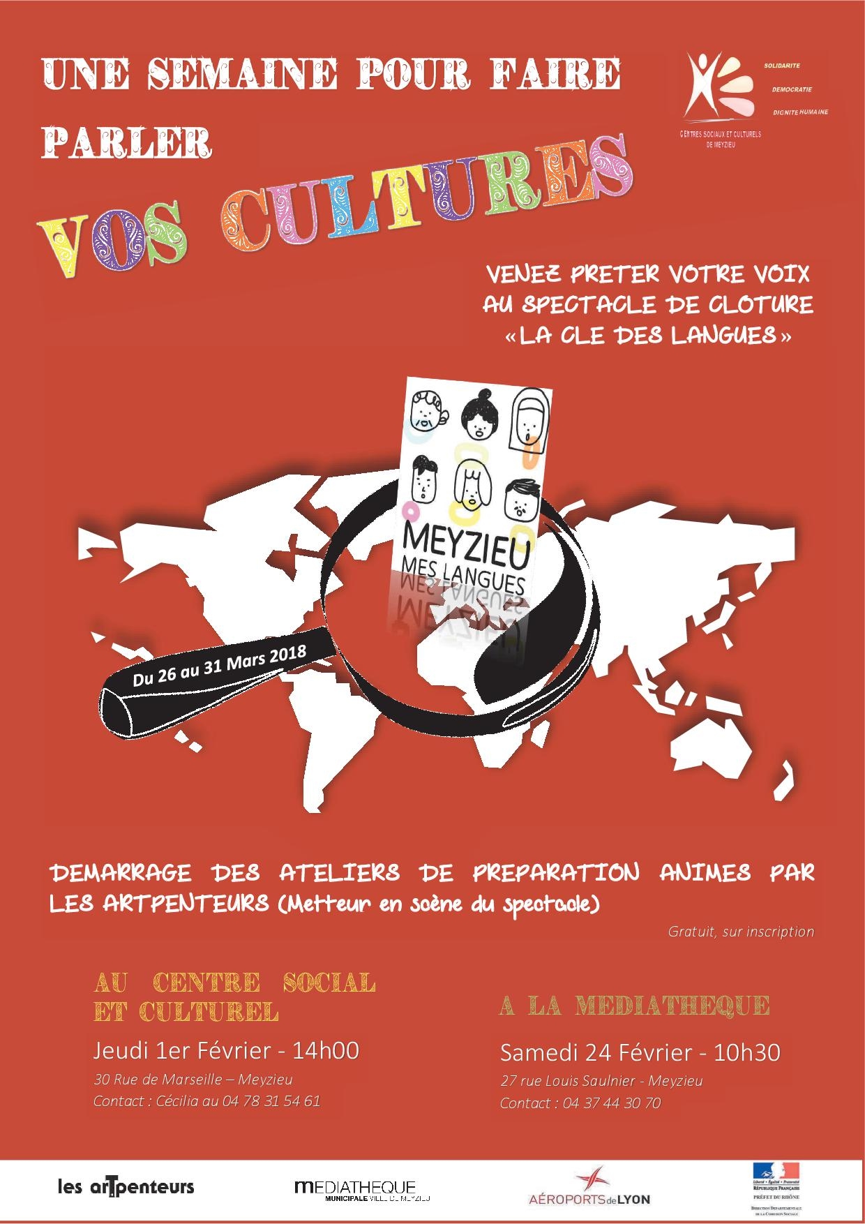 Nous vous transmettons cette programmation culturelle des Centres sociaux de Meyzieu, de la part d'Irène Boronat qui travaille à la Médiathèque.
Merci à elle !
Si vous êtes intéressé, c'est gratuit, inscrivez-vous à la Médiathèque pour le samedi 24 février 2018 à 10h30
27 rue Louis Saulnier-Meyzieu
Contact 04 37 44 30 70
Amicalement,
Marieodile Gaillard Nous vous transmettons cette programmation culturelle des Centres sociaux de Meyzieu, de la part d'Irène Boronat qui travaille à la Médiathèque.
Merci à elle !
Si vous êtes intéressé, c'est gratuit, inscrivez-vous à la Médiathèque pour le samedi 24 février 2018 à 10h30
27 rue Louis Saulnier-Meyzieu
Contact 04 37 44 30 70
Amicalement,
Marieodile Gaillard