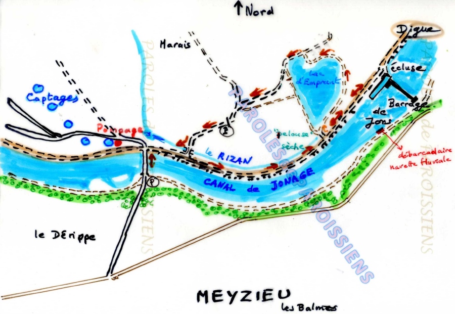 Randonnée du 14 mai 2017: parcours depuis le pont de Meyzieu au lac d'Emprunt, par la berge du canal (EdF), le barrage de Jonage et son écluse. Retour par la zone Natura 2000 et la petite rivière du Rizan (schéma ci-contre)