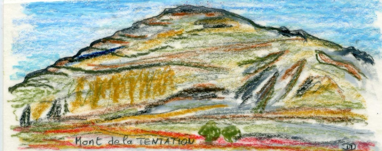 La premire montagne que nous rencontrons dans l'vangile est celle traditionnellement appele mont de la Tentation.
Aprs son baptme par Jean dans le Jourdain, Jsus est emmen au dsert pour y tre tent.

  Le diable l'emmne encore sur une trs haute montagne et lui montre tous les royaumes du monde et leur gloire. Il lui dit : 'Tout cela, je te le donnerai, si, tombant  mes pieds, tu te prosternes devant moi. ' Alors, Jsus lui dit : ' Arrire, Satan ! car il est crit : C'est le Seigneur ton Dieu que tu adoreras,  lui seul tu rendras un culte. ' (Mt 4,8-10) 

La montagne est le lieu de la rencontre avec Dieu ; il est clair que Satan veut prendre la place du Pre. Comme Jsus, sachons viter les ruses du Malin.