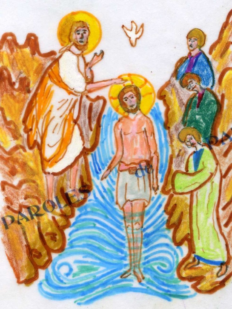Évangile selon saint Luc 3, 15-16.21-22
En ce temps-là, le peuple venu auprès de Jean le Baptiste était en attente, et tous se demandaient en eux-mêmes si Jean n’était pas le Christ. Jean s’adressa alors à tous : « Moi, je vous baptise avec de l’eau ; mais il vient, celui qui est plus fort que moi. Je ne suis pas digne de dénouer la courroie de ses sandales. Lui vous baptisera dans l’Esprit Saint et le feu. » Comme tout le peuple se faisait baptiser et qu’après avoir été baptisé lui aussi, Jésus priait, le ciel s’ouvrit. L’Esprit Saint, sous une apparence corporelle, comme une colombe, descendit sur Jésus, et il y eut une voix venant du ciel : « Toi, tu es mon Fils bien-aimé ; en toi, je trouve ma joie. »
https://croire.la-croix.com/Definitions/Bible/Le-Bapteme-Seigneur-C-2019-01-08-1700993934
Commentaire d'Agnès von Kirchbach Évangile selon saint Luc 3, 15-16.21-22
En ce temps-là, le peuple venu auprès de Jean le Baptiste était en attente, et tous se demandaient en eux-mêmes si Jean n’était pas le Christ. Jean s’adressa alors à tous : « Moi, je vous baptise avec de l’eau ; mais il vient, celui qui est plus fort que moi. Je ne suis pas digne de dénouer la courroie de ses sandales. Lui vous baptisera dans l’Esprit Saint et le feu. » Comme tout le peuple se faisait baptiser et qu’après avoir été baptisé lui aussi, Jésus priait, le ciel s’ouvrit. L’Esprit Saint, sous une apparence corporelle, comme une colombe, descendit sur Jésus, et il y eut une voix venant du ciel : « Toi, tu es mon Fils bien-aimé ; en toi, je trouve ma joie. »
https://croire.la-croix.com/Definitions/Bible/Le-Bapteme-Seigneur-C-2019-01-08-1700993934
Commentaire d'Agnès von Kirchbach