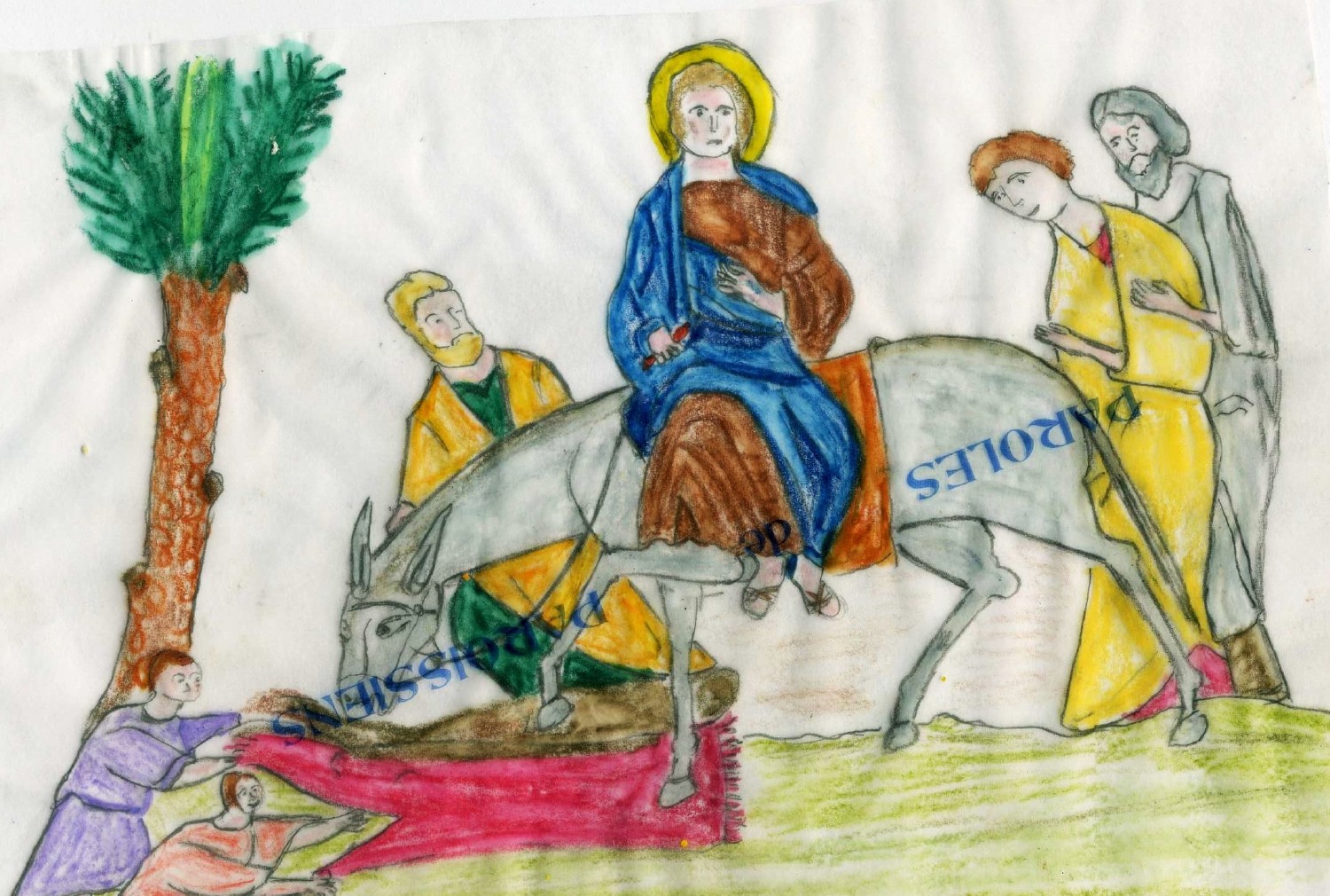Évangile selon saint Luc 19, 28-40
En ce temps-là, Jésus partit en avant pour monter à Jérusalem. Lorsqu’il approcha de Bethphagé et de Béthanie, près de l’endroit appelé mont des Oliviers, il envoya deux de ses disciples, en disant : « Allez à ce village d’en face. À l’entrée, vous trouverez un petit âne attaché, sur lequel personne ne s’est encore assis. Détachez-le et amenez-le. Si l’on vous demande : ‘Pourquoi le détachez-vous ?’ vous répondrez : ‘Parce que le Seigneur en a besoin.’ » Les envoyés partirent et trouvèrent tout comme Jésus leur avait dit. Alors qu’ils détachaient le petit âne, ses maîtres leur demandèrent : « Pourquoi détachez-vous l’âne ? » Ils répondirent : « Parce que le Seigneur en a besoin. » Ils amenèrent l’âne auprès de Jésus, jetèrent leurs manteaux dessus, et y firent monter Jésus. À mesure que Jésus avançait, les gens étendaient leurs manteaux sur le chemin. Alors que déjà Jésus approchait de la descente du mont des Oliviers, toute la foule des disciples, remplie de joie, se mit à louer Dieu à pleine voix pour tous les miracles qu’ils avaient vus, et ils disaient : « Béni soit celui qui vient, le Roi, au nom du Seigneur. Paix dans le ciel et gloire au plus haut des cieux ! » Quelques pharisiens, qui se trouvaient dans la foule, dirent à Jésus : « Maître, réprimande tes disciples ! » Mais il prit la parole en disant : « Je vous le dis : si eux se taisent, les pierres crieront. » Évangile selon saint Luc 19, 28-40
En ce temps-là, Jésus partit en avant pour monter à Jérusalem. Lorsqu’il approcha de Bethphagé et de Béthanie, près de l’endroit appelé mont des Oliviers, il envoya deux de ses disciples, en disant : « Allez à ce village d’en face. À l’entrée, vous trouverez un petit âne attaché, sur lequel personne ne s’est encore assis. Détachez-le et amenez-le. Si l’on vous demande : ‘Pourquoi le détachez-vous ?’ vous répondrez : ‘Parce que le Seigneur en a besoin.’ » Les envoyés partirent et trouvèrent tout comme Jésus leur avait dit. Alors qu’ils détachaient le petit âne, ses maîtres leur demandèrent : « Pourquoi détachez-vous l’âne ? » Ils répondirent : « Parce que le Seigneur en a besoin. » Ils amenèrent l’âne auprès de Jésus, jetèrent leurs manteaux dessus, et y firent monter Jésus. À mesure que Jésus avançait, les gens étendaient leurs manteaux sur le chemin. Alors que déjà Jésus approchait de la descente du mont des Oliviers, toute la foule des disciples, remplie de joie, se mit à louer Dieu à pleine voix pour tous les miracles qu’ils avaient vus, et ils disaient : « Béni soit celui qui vient, le Roi, au nom du Seigneur. Paix dans le ciel et gloire au plus haut des cieux ! » Quelques pharisiens, qui se trouvaient dans la foule, dirent à Jésus : « Maître, réprimande tes disciples ! » Mais il prit la parole en disant : « Je vous le dis : si eux se taisent, les pierres crieront. »