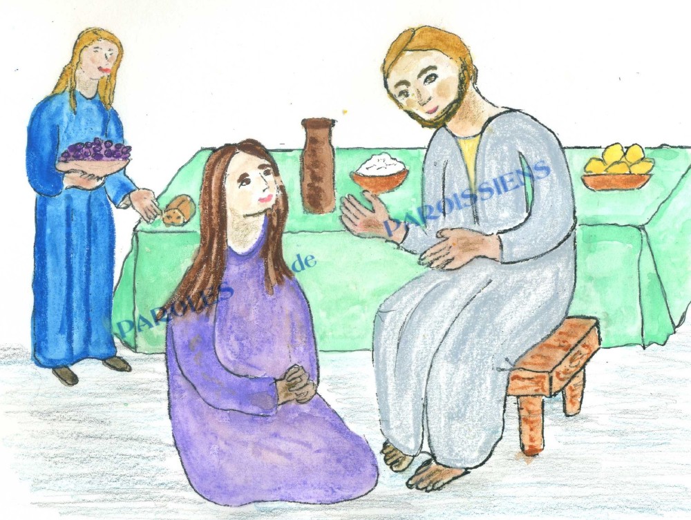 Évangile selon saint Luc 10,38-42
En ce temps-là, Jésus entra dans un village. Une femme nommée Marthe le reçut. Elle avait une sœur appelée Marie qui, s’étant assise aux pieds du Seigneur, écoutait sa parole. Quant à Marthe, elle était accaparée par les multiples occupations du service. Elle intervint et dit : « Seigneur, cela ne te fait rien que ma sœur m’ait laissé faire seule le service ? Dis-lui donc de m’aider. » Le Seigneur lui répondit : « Marthe, Marthe, tu te donnes du souci et tu t’agites pour bien des choses. Une seule est nécessaire. Marie a choisi la meilleure part,elle ne lui sera pas enlevée. » Évangile selon saint Luc 10,38-42
En ce temps-là, Jésus entra dans un village. Une femme nommée Marthe le reçut. Elle avait une sœur appelée Marie qui, s’étant assise aux pieds du Seigneur, écoutait sa parole. Quant à Marthe, elle était accaparée par les multiples occupations du service. Elle intervint et dit : « Seigneur, cela ne te fait rien que ma sœur m’ait laissé faire seule le service ? Dis-lui donc de m’aider. » Le Seigneur lui répondit : « Marthe, Marthe, tu te donnes du souci et tu t’agites pour bien des choses. Une seule est nécessaire. Marie a choisi la meilleure part,elle ne lui sera pas enlevée. »