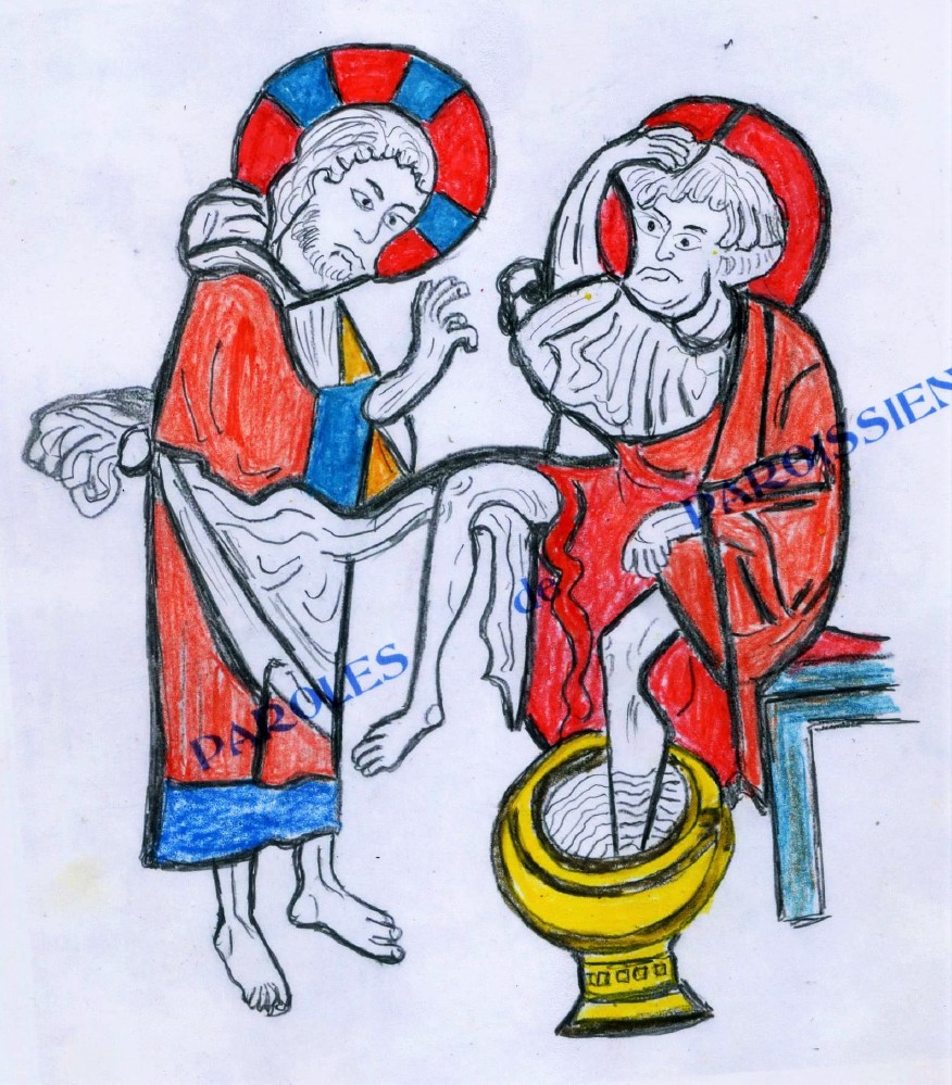 Évangile selon saint Jean 13,1-15
Avant la fête de la Pâque, sachant que l’heure était venue pour lui de passer de ce monde à son Père, Jésus, ayant aimé les siens qui étaient dans le monde, les aima jusqu’au bout. Au cours du repas, alors que le diable a déjà mis dans le cœur de Judas, fils de Simon l’Iscariote, l’intention de le livrer, Jésus, sachant que le Père a tout remis entre ses mains, qu’il est sorti de Dieu et qu’il s’en va vers Dieu, se lève de table, dépose son vêtement, et prend un linge qu’il se noue à la ceinture ; puis il verse de l’eau dans un bassin. Alors il se mit à laver les pieds des disciples et à les essuyer avec le linge qu’il avait à la ceinture. Il arrive donc à Simon-Pierre, qui lui dit : « C’est toi, Seigneur, qui me laves les pieds ? » Jésus lui répondit : « Ce que je veux faire, tu ne le sais pas maintenant ; plus tard tu comprendras. » Pierre lui dit : « Tu ne me laveras pas les pieds ; non, jamais ! » Jésus lui répondit : « Si je ne te lave pas, tu n’auras pas de part avec moi. » Simon-Pierre lui dit : « Alors, Seigneur, pas seulement les pieds, mais aussi les mains et la tête ! » Jésus lui dit : « Quand on vient de prendre un bain, on n’a pas besoin de se laver, sinon les pieds : on est pur tout entier. Vous-mêmes, vous êtes purs, mais non pas tous. » Il savait bien qui allait le livrer ; et c’est pourquoi il disait : « Vous n’êtes pas tous purs. »
Quand il leur eut lavé les pieds, il reprit son vêtement, se remit à table et leur dit : « Comprenez-vous ce que je viens de faire pour vous ? Vous m’appelez “Maître” et “Seigneur”, et vous avez raison, car vraiment je le suis. Si donc moi, le Seigneur et le Maître, je vous ai lavé les pieds, vous aussi, vous devez vous laver les pieds les uns aux autres. C’est un exemple que je vous ai donné
afin que vous fassiez, vous aussi, comme j’ai fait pour vous. »
http://www.pere-gilbert-adam.org/Jeudi-Saint.html
Homélie du Père Gilbert Adam Évangile selon saint Jean 13,1-15
Avant la fête de la Pâque, sachant que l’heure était venue pour lui de passer de ce monde à son Père, Jésus, ayant aimé les siens qui étaient dans le monde, les aima jusqu’au bout. Au cours du repas, alors que le diable a déjà mis dans le cœur de Judas, fils de Simon l’Iscariote, l’intention de le livrer, Jésus, sachant que le Père a tout remis entre ses mains, qu’il est sorti de Dieu et qu’il s’en va vers Dieu, se lève de table, dépose son vêtement, et prend un linge qu’il se noue à la ceinture ; puis il verse de l’eau dans un bassin. Alors il se mit à laver les pieds des disciples et à les essuyer avec le linge qu’il avait à la ceinture. Il arrive donc à Simon-Pierre, qui lui dit : « C’est toi, Seigneur, qui me laves les pieds ? » Jésus lui répondit : « Ce que je veux faire, tu ne le sais pas maintenant ; plus tard tu comprendras. » Pierre lui dit : « Tu ne me laveras pas les pieds ; non, jamais ! » Jésus lui répondit : « Si je ne te lave pas, tu n’auras pas de part avec moi. » Simon-Pierre lui dit : « Alors, Seigneur, pas seulement les pieds, mais aussi les mains et la tête ! » Jésus lui dit : « Quand on vient de prendre un bain, on n’a pas besoin de se laver, sinon les pieds : on est pur tout entier. Vous-mêmes, vous êtes purs, mais non pas tous. » Il savait bien qui allait le livrer ; et c’est pourquoi il disait : « Vous n’êtes pas tous purs. »
Quand il leur eut lavé les pieds, il reprit son vêtement, se remit à table et leur dit : « Comprenez-vous ce que je viens de faire pour vous ? Vous m’appelez “Maître” et “Seigneur”, et vous avez raison, car vraiment je le suis. Si donc moi, le Seigneur et le Maître, je vous ai lavé les pieds, vous aussi, vous devez vous laver les pieds les uns aux autres. C’est un exemple que je vous ai donné
afin que vous fassiez, vous aussi, comme j’ai fait pour vous. »
http://www.pere-gilbert-adam.org/Jeudi-Saint.html
Homélie du Père Gilbert Adam
