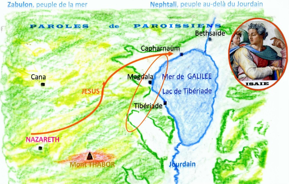 vangile selon saint Matthieu 4,12-23
Quand Jsus apprit larrestation de Jean le Baptiste, il se retira en Galile. Il quitta Nazareth et vint habiter  Capharnam, ville situe au bord de la mer de Galile, dans les territoires de Zabulon et de Nephtali. Ctait pour que soit accomplie la parole prononce par le prophte Isae : Pays de Zabulon et pays de Nephtali, route de la mer et pays au-del du Jourdain, Galile des nations ! Le peuple qui habitait dans les tnbres a vu une grande lumire. Sur ceux qui habitaient dans le pays et lombre de la mort, une lumire sest leve.  partir de ce moment, Jsus commena  proclamer :  Convertissez-vous, car le royaume des Cieux est tout proche. 
 Comme il marchait le long de la mer de Galile, il vit deux frres, Simon, appel Pierre, et son frre Andr,
qui jetaient leurs filets dans la mer ; car ctaient des pcheurs. Jsus leur dit :  Venez  ma suite, et je vous ferai pcheurs dhommes.  Aussitt, laissant leurs filets, ils le suivirent.
 De l, il avana et il vit deux autres frres, Jacques, fils de Zbde, et son frre Jean, qui taient dans la barque avec leur pre, en train de rparer leurs filets. Il les appela. Aussitt, laissant la barque et leur pre, ils le suivirent.
 Jsus parcourait toute la Galile ; il enseignait dans leurs synagogues, proclamait lvangile du Royaume, gurissait toute maladie et toute infirmit dans le peuple.
https://www.carmel.asso.fr/Homelie-d-Avon-3e-Dimanche-TO-A.html
Commentaire du Frre Didier-Marie Golay, ocd