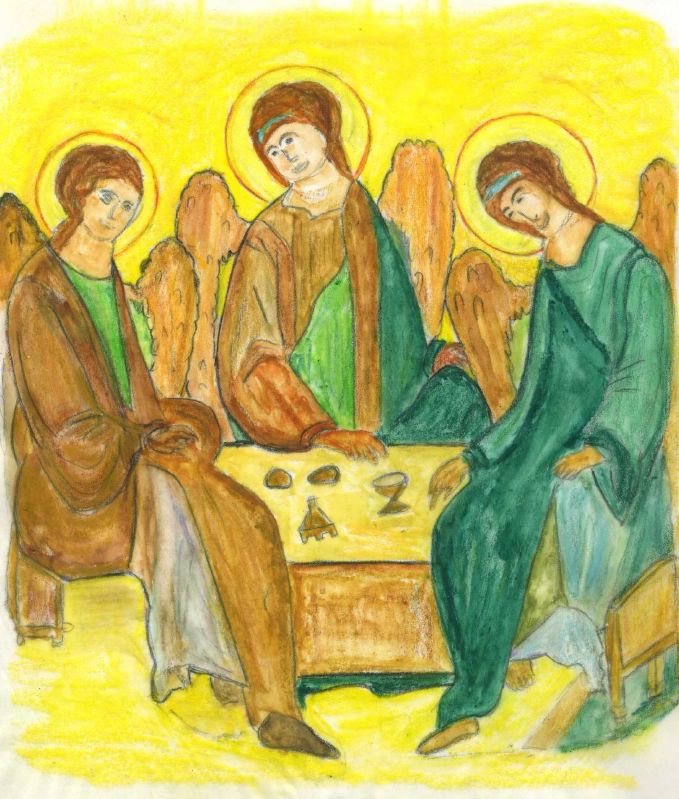 Proverbes 8,22-31
Écoutez ce que déclare la Sagesse de Dieu : « Le Seigneur m'a faite pour lui, principe de son action, première de ses oeuvres, depuis toujours. Avant les siècles j'ai été formée, dès le commencement, avant l'apparition de la terre.
Quand les abîmes n'existaient pas encore, je fus enfantée, quand n'étaient pas les sources jaillissantes. Avant que les montagnes ne soient fixées, avant les collines, je fus enfantée, avant que le Seigneur n'ait fait la terre et l'espace, les éléments primitifs du monde.
Quand il établissait les cieux, j'étais là, quand il traçait l'horizon à la surface de l'abîme, qu'il amassait les nuages dans les hauteurs et maîtrisait les sources de l'abîme, quand il imposait à la mer ses limites, si bien que les eaux ne peuvent enfreindre son ordre, quand il établissait les fondements de la terre. Et moi, je grandissais à ses côtés.
Je faisais ses délices jour après jour, jouant devant lui à tout moment, jouant dans l'univers, sur sa terre, et trouvant mes délices avec les fils des hommes. »
http://www.croire.com/Textes-du-dimanche/2016/Sainte-Trinite-dimanche-22-mai-2016/La-sagesse-du-commencement
ICONE : « La Sainte Trinité »
Peinte à Moscou vers 1500 dans l’école de Maître Denis (entre 1430/1440 – 1503) : Détrempe sur bois
Cette icône provient de la cathédrale de la Résurrection de Kolomna*.
Dessin reprenant l’image de l’icône
Trois anges sont assis autour d’une table, placée au centre ; sur celle-ci deux morceaux de pain, un calice (seul un fragment est visible aujourd’hui sur l’icône).
Ces anges sont nimbés avec une dorure cernée de rouge.
Un des anges esquisse un geste de bénédiction.
Cette icône fait référence à Dieu en trois personnes : voir les 1er et 2eme conciles œcuméniques.
Cette icône fait également référence à l’Hospitalité d’Abraham, rencontrant trois anges au chêne de Mambré.
*Kolomna ou Kremlin de Kolomna (en raison des similitudes avec le Kremlin de Moscou) est une ville peu éloignée de Moscou.
L’église de la résurrection de Kolomna fut érigée vers 1360. Proverbes 8,22-31
Écoutez ce que déclare la Sagesse de Dieu : « Le Seigneur m'a faite pour lui, principe de son action, première de ses oeuvres, depuis toujours. Avant les siècles j'ai été formée, dès le commencement, avant l'apparition de la terre.
Quand les abîmes n'existaient pas encore, je fus enfantée, quand n'étaient pas les sources jaillissantes. Avant que les montagnes ne soient fixées, avant les collines, je fus enfantée, avant que le Seigneur n'ait fait la terre et l'espace, les éléments primitifs du monde.
Quand il établissait les cieux, j'étais là, quand il traçait l'horizon à la surface de l'abîme, qu'il amassait les nuages dans les hauteurs et maîtrisait les sources de l'abîme, quand il imposait à la mer ses limites, si bien que les eaux ne peuvent enfreindre son ordre, quand il établissait les fondements de la terre. Et moi, je grandissais à ses côtés.
Je faisais ses délices jour après jour, jouant devant lui à tout moment, jouant dans l'univers, sur sa terre, et trouvant mes délices avec les fils des hommes. »
http://www.croire.com/Textes-du-dimanche/2016/Sainte-Trinite-dimanche-22-mai-2016/La-sagesse-du-commencement
ICONE : « La Sainte Trinité »
Peinte à Moscou vers 1500 dans l’école de Maître Denis (entre 1430/1440 – 1503) : Détrempe sur bois
Cette icône provient de la cathédrale de la Résurrection de Kolomna*.
Dessin reprenant l’image de l’icône
Trois anges sont assis autour d’une table, placée au centre ; sur celle-ci deux morceaux de pain, un calice (seul un fragment est visible aujourd’hui sur l’icône).
Ces anges sont nimbés avec une dorure cernée de rouge.
Un des anges esquisse un geste de bénédiction.
Cette icône fait référence à Dieu en trois personnes : voir les 1er et 2eme conciles œcuméniques.
Cette icône fait également référence à l’Hospitalité d’Abraham, rencontrant trois anges au chêne de Mambré.
*Kolomna ou Kremlin de Kolomna (en raison des similitudes avec le Kremlin de Moscou) est une ville peu éloignée de Moscou.
L’église de la résurrection de Kolomna fut érigée vers 1360.