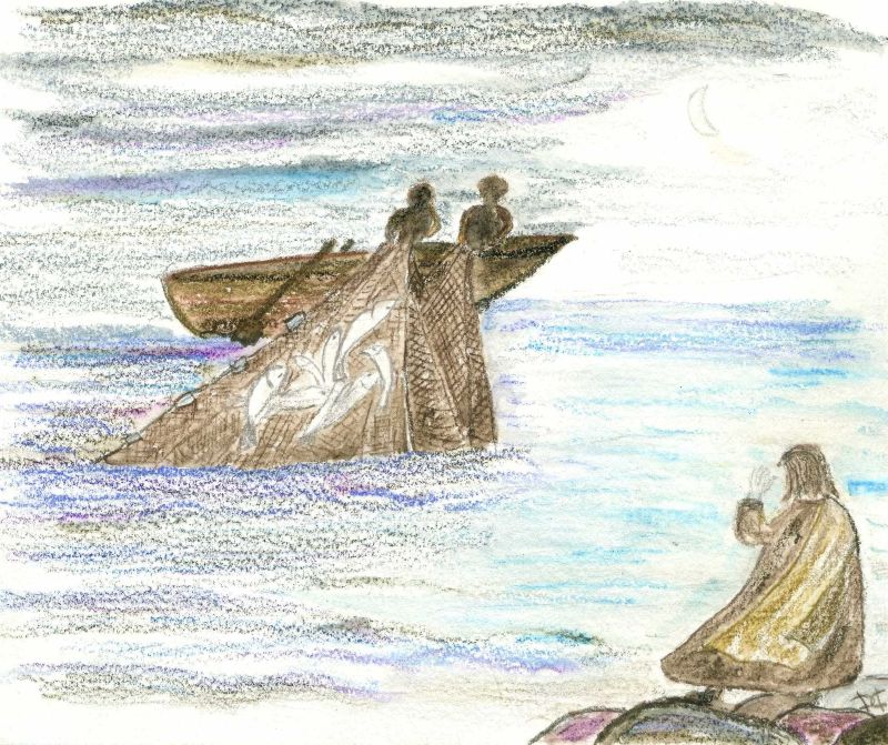 Après cela, Jésus se manifesta encore aux disciples sur le bord de la mer de Tibériade, et voici comment. Il y avait là, ensemble, Simon-Pierre, avec Thomas, appelé Didyme (c'est-à-dire Jumeau), Nathanaël, de Cana de Galilée, les fils de Zébédée, et deux autres de ses disciples. Simon-Pierre leur dit : « Je m'en vais à la pêche. » Ils lui répondent : « Nous aussi, nous allons avec toi. » Ils partirent et montèrent dans la barque ; or, cette nuit-là, ils ne prirent rien. Au lever du jour, Jésus se tenait sur le rivage, mais les disciples ne savaient pas que c'était lui. Jésus leur dit : « Les enfants, auriez-vous quelque chose à manger ? » Ils lui répondirent : « Non. » Il leur dit : « Jetez le filet à droite de la barque, et vous trouverez. » Ils jetèrent donc le filet, et cette fois ils n'arrivaient pas à le tirer, tellement il y avait de poissons. Alors, le disciple que Jésus aimait dit à Pierre : « C'est le Seigneur ! » Quand Simon-Pierre entendit que c'était le Seigneur, il passa un vêtement, car il n'avait rien sur lui, et il se jeta à l'eau. Les autres disciples arrivèrent en barque, traînant le filet plein de poissons ; la terre n'était qu'à une centaine de mètres. Une fois descendus à terre, ils aperçoivent, disposé là, un feu de braise avec du poisson posé dessus, et du pain. Jésus leur dit : « Apportez donc de ces poissons que vous venez de prendre. » Simon-Pierre remonta et tira jusqu'à terre le filet plein de gros poissons : il y en avait cent cinquante-trois. Et, malgré cette quantité, le filet ne s'était pas déchiré. Jésus leur dit alors : « Venez manger. » Aucun des disciples n'osait lui demander : « Qui es-tu ? » Ils savaient que c'était le Seigneur. Jésus s'approche ; il prend le pain et le leur donne ; et de même pour le poisson. C'était la troisième fois que Jésus ressuscité d'entre les morts se manifestait à ses disciples.
Quand ils eurent mangé, Jésus dit à Simon-Pierre : « Simon, fils de Jean, m'aimes-tu vraiment, plus que ceux-ci ? » Il lui répond : « Oui, Seigneur ! Toi, tu le sais : je t'aime. » Jésus lui dit : « Sois le berger de mes agneaux. » Il lui dit une deuxième fois : « Simon, fils de Jean, m'aimes-tu vraiment ? » Il lui répond : « Oui, Seigneur ! Toi, tu le sais : je t'aime. » Jésus lui dit : « Sois le pasteur de mes brebis. » Il lui dit, pour la troisième fois : « Simon, fils de Jean, m'aimes-tu ? » Pierre fut peiné parce que, la troisième fois, Jésus lui demandait : « M'aimes-tu ? » Il lui répond : « Seigneur, toi, tu sais tout : tu sais bien que je t'aime. » Jésus lui dit : « Sois le berger de mes brebis. Amen, amen, je te le dis : quand tu étais jeune, tu mettais ta ceinture toi-même pour aller là où tu voulais ; quand tu seras vieux, tu étendras les mains, et c'est un autre qui te mettra ta ceinture, pour t'emmener là où tu ne voudrais pas aller. » Jésus disait cela pour signifier par quel genre de mort Pierre rendrait gloire à Dieu. Sur ces mots, il lui dit : « Suis-moi. » Après cela, Jésus se manifesta encore aux disciples sur le bord de la mer de Tibériade, et voici comment. Il y avait là, ensemble, Simon-Pierre, avec Thomas, appelé Didyme (c'est-à-dire Jumeau), Nathanaël, de Cana de Galilée, les fils de Zébédée, et deux autres de ses disciples. Simon-Pierre leur dit : « Je m'en vais à la pêche. » Ils lui répondent : « Nous aussi, nous allons avec toi. » Ils partirent et montèrent dans la barque ; or, cette nuit-là, ils ne prirent rien. Au lever du jour, Jésus se tenait sur le rivage, mais les disciples ne savaient pas que c'était lui. Jésus leur dit : « Les enfants, auriez-vous quelque chose à manger ? » Ils lui répondirent : « Non. » Il leur dit : « Jetez le filet à droite de la barque, et vous trouverez. » Ils jetèrent donc le filet, et cette fois ils n'arrivaient pas à le tirer, tellement il y avait de poissons. Alors, le disciple que Jésus aimait dit à Pierre : « C'est le Seigneur ! » Quand Simon-Pierre entendit que c'était le Seigneur, il passa un vêtement, car il n'avait rien sur lui, et il se jeta à l'eau. Les autres disciples arrivèrent en barque, traînant le filet plein de poissons ; la terre n'était qu'à une centaine de mètres. Une fois descendus à terre, ils aperçoivent, disposé là, un feu de braise avec du poisson posé dessus, et du pain. Jésus leur dit : « Apportez donc de ces poissons que vous venez de prendre. » Simon-Pierre remonta et tira jusqu'à terre le filet plein de gros poissons : il y en avait cent cinquante-trois. Et, malgré cette quantité, le filet ne s'était pas déchiré. Jésus leur dit alors : « Venez manger. » Aucun des disciples n'osait lui demander : « Qui es-tu ? » Ils savaient que c'était le Seigneur. Jésus s'approche ; il prend le pain et le leur donne ; et de même pour le poisson. C'était la troisième fois que Jésus ressuscité d'entre les morts se manifestait à ses disciples.
Quand ils eurent mangé, Jésus dit à Simon-Pierre : « Simon, fils de Jean, m'aimes-tu vraiment, plus que ceux-ci ? » Il lui répond : « Oui, Seigneur ! Toi, tu le sais : je t'aime. » Jésus lui dit : « Sois le berger de mes agneaux. » Il lui dit une deuxième fois : « Simon, fils de Jean, m'aimes-tu vraiment ? » Il lui répond : « Oui, Seigneur ! Toi, tu le sais : je t'aime. » Jésus lui dit : « Sois le pasteur de mes brebis. » Il lui dit, pour la troisième fois : « Simon, fils de Jean, m'aimes-tu ? » Pierre fut peiné parce que, la troisième fois, Jésus lui demandait : « M'aimes-tu ? » Il lui répond : « Seigneur, toi, tu sais tout : tu sais bien que je t'aime. » Jésus lui dit : « Sois le berger de mes brebis. Amen, amen, je te le dis : quand tu étais jeune, tu mettais ta ceinture toi-même pour aller là où tu voulais ; quand tu seras vieux, tu étendras les mains, et c'est un autre qui te mettra ta ceinture, pour t'emmener là où tu ne voudrais pas aller. » Jésus disait cela pour signifier par quel genre de mort Pierre rendrait gloire à Dieu. Sur ces mots, il lui dit : « Suis-moi. »