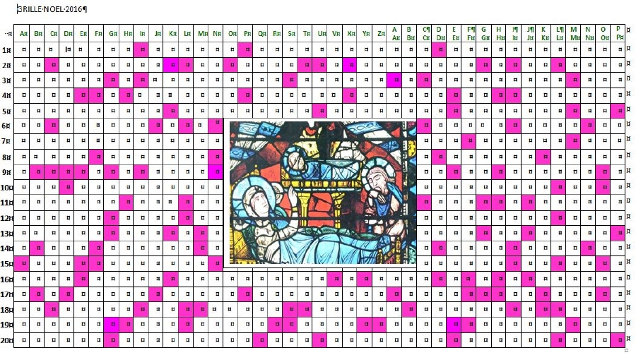 HORIZONTALEMENT
1- Thème correspondant au vitrail - Fleur blanche parfumée - De façon outrancière en décoration - Splendeur.
2- Conjugaison d'être - Plante à fleurs bleues, bien connue quand elle est de Damas - Préposition - Similaire - Circuler à vide, en recherche de clients - Route Nationale - L'ombre le fait.
3- Coutumes - Se fait pour une police d'assurance - Recommander vivement - Supprimé en France à l'initiative de Schœlcher (en 1848) - Colère.
4- Le propre de l'Homme selon Rabelais - Sainte Cécile en est la patronne (n'hésitez pas à visiter son église à Albi) -Ville de Russie, sur le fleuve Ienisseï, proche de l'Arctique - Rire pincé - Milieu d'un veau - Cornélius, centurion païen, s'est converti dans cette ville (en Israël aujourd'hui).
5- Les mages le sont aussi - Plante vivace, à fleurs jaunes ; une variété est connue sous le nom de « pas-d'âne » - Tissus délicats - Faisant vivre un échange - Etats-Unis.
6- Saint abrégé - Les galets le sont par d'autres galets - Herbe de région tempérée à grands capitules jaunes - Evaporer lors du sport - Sud-est.
7- Dans la noirceur nocturne (adverbe) - Un des deux animaux de ce vitrail - Usiner précisément - Pose.
8- Région d'Allemagne ; Wiesbaden en est la capitale - Qui ne peut avoir d'enfant - Enonce une règle de droit - Elargit.
9- Non brillante (inversée) - C'est un nombre, un âge, une règle, un livre… - Infra-Rouge - Hommes de famille.
10- Nouveaux arrivés - Dispersée - Le Sauveur en est une ! - Déshabillé.
11- Invente - Oiseau de nos contrées, en noir et blanc - Norme Française - Précédé d'un A, devient un vin pétillant - Liane très connue, au feuillage persistant.
12- Suite de cartes pas très courante - Filets - Télévision Française - Remet 100 fois l'ouvrage sur le métier - Anagramme d'une astuce de renard.
13- Lichens filamenteux - Toute petite pomme - Continent - Fin de verbe - Ralentissement de la circulation d'un fluide organique.
14- Agis - Comportement d'un juge de l'évangile (avec une veuve) - Matériau fabriqué avec la peau des animaux - La France en est un - Dans.
15- Partie du corps - Soin - Massif côtier du Var - Equerre - Pronom personnel.
16- Tissu suspendu - Marie l'est par Joseph - La respiration de l'Ane et du Bœuf le sont - Su dès l'abord - Bien partie.
17- Changer de lieu de travail - Pour le rangement - La table y tient ! - Remercie Dieu - Squelette - On y met les articles importants.
18- Unité Astronomique - Sac avec poignées - Nouveau Testament - Matériel permettant le tri - Pour Marie, ce sera trente ans plus tard - Département de l'est de la France - Certaine.
19- Ville de France, célèbre pour son pont-canal (sur la Loire) - Piécette - Céréales - Pièce métallique pour conduire un cheval - Observe sournoisement - Génie des eaux dans les légendes nordiques - Petits ruisseaux.
20- Outils de coupes - Affaiblies - Député, par exemple - Oiseaux de Paix - Astucieuses - Tente.
?
VERTICALEMENT
A- Pas vraiment dans la joie de Noël - Département préféré des amateurs de Mont d'Or.
B- Marie l'est par Joseph - Nous le sommes tous à Noël - Oui, russe - Mesure agraire.
C- Ce vitrail en est une forme - Jésus, abrégé - Variété de la famille des papilionacées, vivace, à fleurs roses - Fin de verbe.
D- Immiscées - Roche constituée de quartz, mica et feldspath - Promontoire en mer.
E- Unique dans l'univers? - Trajectoire - Dans la nuit de Noël, trois messes le sont - Selon les auteurs elle est « au canard » ou « au diable ».
F- Inspection Générale des Services - Avec D ajouté en fin de mot, devient cardinal - Caractéristiques des peaux des bébés - Fins de nuits.
G- Equerre - Manières d'être habillé - Pronom personnel - Copia.
H- Joseph en est un - Assemblées de loups - Revenus à la vie.
I- Célébration - Oter les graines dans des groseilles - Note.
J- Un des trois personnages du vitrail - Propre aux ermites - Chacun en possède un.
K- Pour Jésus, ils ne seront pas brisés sur la croix - Elles existent entre apôtres - Note - Ajustés à leur contenu.
L- Précédé de N, rend tout noir - Celui des bergers les a conduits à la crèche - Enserré à la taille.
M- Avec petitesse - Sans elle, pas de vie - Conjonction.
N- Osselet de l'oreille - Spécial, pour se trouver dans un film - Teneur en or d'un alliage.
O- Chose en latin - Utilité.
P- Note - A moi.
Q- Grand danger, même en la demeure - En Beauce, ondulent sous le vent.
R- Fin, sur un cierge pascal - Fleur blanc pur.
S- Pronom personnel - Vieux phonétique - Article.
T- Lieu pour vache - Conjonction - Bougé.
U- Krypton, inversé - Vivas espagnols, en montant.
V- Gave des Pyrénées (en désordre) - Evangéliste.
X- Contraire du recto.
Y- Matériau extrêmement dur - Nord magnétique.
Z- Femme du vitrail - Fin de messe.
AA- Fin de verbe - Chrome - Fils aîné de Noé.
BB- Bien pourvu - Neptunium - Plomb.
CC- Fini de parler - Union Européenne - Petit âne - Vue dans le désert ardent, est souvent un mirage.
DD- Croquis - Spécialités horticoles de Lyon et sa région - Entourées d'eau.
EE- Adjectif possessif - Nouvelle arrivée - Botanique : sorte d'outre, piège à insectes.
FF- Petit arc - Diable mathématicien.
GG- Familièrement : éconduire quelqu'un, c'est l'envoyer faire - Nie dans le désordre - Soutien de la tête.
HH- N'acquiesça pas - Ciel chahuté - N'existe pas en prose - Terminaison de verbe (indicatif, 3e personne, pluriel).
II- Boucher les espaces entre planches avec des fibres - Sud-Ouest - Cube numéroté.
JJ- Quand les navires se cassent sur les rochers - Conjonction - Fil très fin et très doux.
KK- Jeune sans expérience - A Noël, les trompettes le sont - Notre Seigneur.
LL- Région montagneuse de la Cote d'Azur - A toi - Symbole de l'élément or.
MM- Qualifie le domaine du docteur - Admirations pour quelqu'un.
NN- Agir en faisant mal - Maisons très simples - Celles de l'aube sont appréciées.
OO- Appareils adaptés au traitement de la surface des parquets - Course effrénée vers le but - A angle droit chez les romains.
PP- Fêtée sans la tête - HORIZONTALEMENT
1- Thème correspondant au vitrail - Fleur blanche parfumée - De façon outrancière en décoration - Splendeur.
2- Conjugaison d'être - Plante à fleurs bleues, bien connue quand elle est de Damas - Préposition - Similaire - Circuler à vide, en recherche de clients - Route Nationale - L'ombre le fait.
3- Coutumes - Se fait pour une police d'assurance - Recommander vivement - Supprimé en France à l'initiative de Schœlcher (en 1848) - Colère.
4- Le propre de l'Homme selon Rabelais - Sainte Cécile en est la patronne (n'hésitez pas à visiter son église à Albi) -Ville de Russie, sur le fleuve Ienisseï, proche de l'Arctique - Rire pincé - Milieu d'un veau - Cornélius, centurion païen, s'est converti dans cette ville (en Israël aujourd'hui).
5- Les mages le sont aussi - Plante vivace, à fleurs jaunes ; une variété est connue sous le nom de « pas-d'âne » - Tissus délicats - Faisant vivre un échange - Etats-Unis.
6- Saint abrégé - Les galets le sont par d'autres galets - Herbe de région tempérée à grands capitules jaunes - Evaporer lors du sport - Sud-est.
7- Dans la noirceur nocturne (adverbe) - Un des deux animaux de ce vitrail - Usiner précisément - Pose.
8- Région d'Allemagne ; Wiesbaden en est la capitale - Qui ne peut avoir d'enfant - Enonce une règle de droit - Elargit.
9- Non brillante (inversée) - C'est un nombre, un âge, une règle, un livre… - Infra-Rouge - Hommes de famille.
10- Nouveaux arrivés - Dispersée - Le Sauveur en est une ! - Déshabillé.
11- Invente - Oiseau de nos contrées, en noir et blanc - Norme Française - Précédé d'un A, devient un vin pétillant - Liane très connue, au feuillage persistant.
12- Suite de cartes pas très courante - Filets - Télévision Française - Remet 100 fois l'ouvrage sur le métier - Anagramme d'une astuce de renard.
13- Lichens filamenteux - Toute petite pomme - Continent - Fin de verbe - Ralentissement de la circulation d'un fluide organique.
14- Agis - Comportement d'un juge de l'évangile (avec une veuve) - Matériau fabriqué avec la peau des animaux - La France en est un - Dans.
15- Partie du corps - Soin - Massif côtier du Var - Equerre - Pronom personnel.
16- Tissu suspendu - Marie l'est par Joseph - La respiration de l'Ane et du Bœuf le sont - Su dès l'abord - Bien partie.
17- Changer de lieu de travail - Pour le rangement - La table y tient ! - Remercie Dieu - Squelette - On y met les articles importants.
18- Unité Astronomique - Sac avec poignées - Nouveau Testament - Matériel permettant le tri - Pour Marie, ce sera trente ans plus tard - Département de l'est de la France - Certaine.
19- Ville de France, célèbre pour son pont-canal (sur la Loire) - Piécette - Céréales - Pièce métallique pour conduire un cheval - Observe sournoisement - Génie des eaux dans les légendes nordiques - Petits ruisseaux.
20- Outils de coupes - Affaiblies - Député, par exemple - Oiseaux de Paix - Astucieuses - Tente.
?
VERTICALEMENT
A- Pas vraiment dans la joie de Noël - Département préféré des amateurs de Mont d'Or.
B- Marie l'est par Joseph - Nous le sommes tous à Noël - Oui, russe - Mesure agraire.
C- Ce vitrail en est une forme - Jésus, abrégé - Variété de la famille des papilionacées, vivace, à fleurs roses - Fin de verbe.
D- Immiscées - Roche constituée de quartz, mica et feldspath - Promontoire en mer.
E- Unique dans l'univers? - Trajectoire - Dans la nuit de Noël, trois messes le sont - Selon les auteurs elle est « au canard » ou « au diable ».
F- Inspection Générale des Services - Avec D ajouté en fin de mot, devient cardinal - Caractéristiques des peaux des bébés - Fins de nuits.
G- Equerre - Manières d'être habillé - Pronom personnel - Copia.
H- Joseph en est un - Assemblées de loups - Revenus à la vie.
I- Célébration - Oter les graines dans des groseilles - Note.
J- Un des trois personnages du vitrail - Propre aux ermites - Chacun en possède un.
K- Pour Jésus, ils ne seront pas brisés sur la croix - Elles existent entre apôtres - Note - Ajustés à leur contenu.
L- Précédé de N, rend tout noir - Celui des bergers les a conduits à la crèche - Enserré à la taille.
M- Avec petitesse - Sans elle, pas de vie - Conjonction.
N- Osselet de l'oreille - Spécial, pour se trouver dans un film - Teneur en or d'un alliage.
O- Chose en latin - Utilité.
P- Note - A moi.
Q- Grand danger, même en la demeure - En Beauce, ondulent sous le vent.
R- Fin, sur un cierge pascal - Fleur blanc pur.
S- Pronom personnel - Vieux phonétique - Article.
T- Lieu pour vache - Conjonction - Bougé.
U- Krypton, inversé - Vivas espagnols, en montant.
V- Gave des Pyrénées (en désordre) - Evangéliste.
X- Contraire du recto.
Y- Matériau extrêmement dur - Nord magnétique.
Z- Femme du vitrail - Fin de messe.
AA- Fin de verbe - Chrome - Fils aîné de Noé.
BB- Bien pourvu - Neptunium - Plomb.
CC- Fini de parler - Union Européenne - Petit âne - Vue dans le désert ardent, est souvent un mirage.
DD- Croquis - Spécialités horticoles de Lyon et sa région - Entourées d'eau.
EE- Adjectif possessif - Nouvelle arrivée - Botanique : sorte d'outre, piège à insectes.
FF- Petit arc - Diable mathématicien.
GG- Familièrement : éconduire quelqu'un, c'est l'envoyer faire - Nie dans le désordre - Soutien de la tête.
HH- N'acquiesça pas - Ciel chahuté - N'existe pas en prose - Terminaison de verbe (indicatif, 3e personne, pluriel).
II- Boucher les espaces entre planches avec des fibres - Sud-Ouest - Cube numéroté.
JJ- Quand les navires se cassent sur les rochers - Conjonction - Fil très fin et très doux.
KK- Jeune sans expérience - A Noël, les trompettes le sont - Notre Seigneur.
LL- Région montagneuse de la Cote d'Azur - A toi - Symbole de l'élément or.
MM- Qualifie le domaine du docteur - Admirations pour quelqu'un.
NN- Agir en faisant mal - Maisons très simples - Celles de l'aube sont appréciées.
OO- Appareils adaptés au traitement de la surface des parquets - Course effrénée vers le but - A angle droit chez les romains.
PP- Fêtée sans la tête -